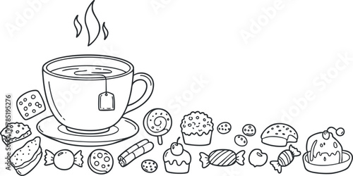 Outline vector illustration of a tea cup with assorted desserts and sweets, perfect for cafe menus and food design projects