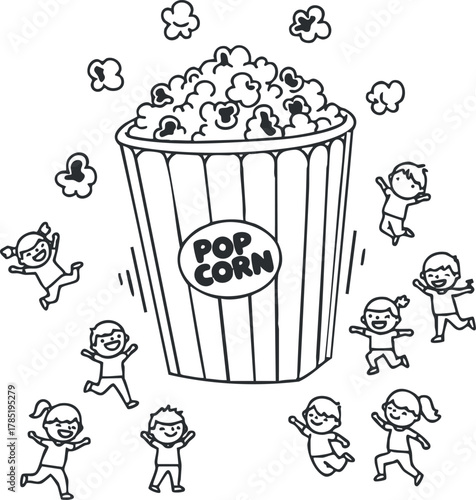 Playful black and white vector illustration of a popcorn bucket surrounded by cheerful kids celebrating and enjoying snacks.