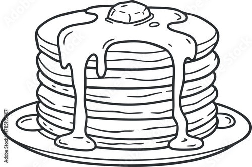 Outline vector illustration of a stack of pancakes with syrup and butter on a plate for food-related designs.