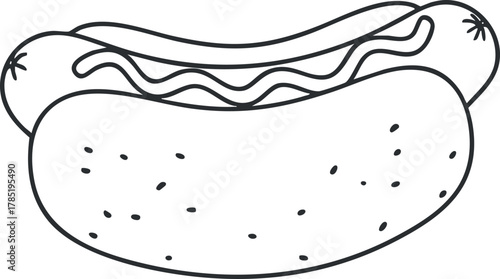 Outline vector illustration of a hotdog, featuring a sausage in a bun, ideal for food-related designs and menus