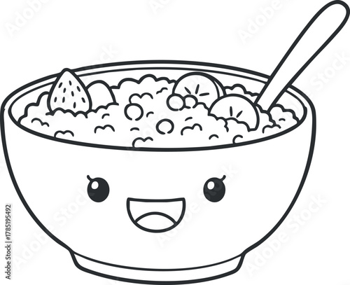 Cute cartoon vector illustration of a happy bowl of cereal with smiling face and fruits, perfect for children’s menus and food graphics