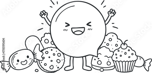 Playful cartoon vector illustration of a happy character surrounded by various sweet treats like candy, cookies, and cupcakes for fun design projects.