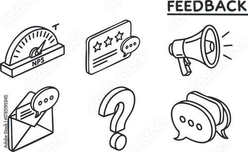 Set of vector icons illustrating feedback concepts including NPS gauge, rating stars, chat bubbles, and a megaphone for communication