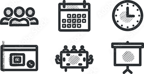 Outline vector icon set depicting meeting elements like calendar, clock, team, and presentation tools for business contexts