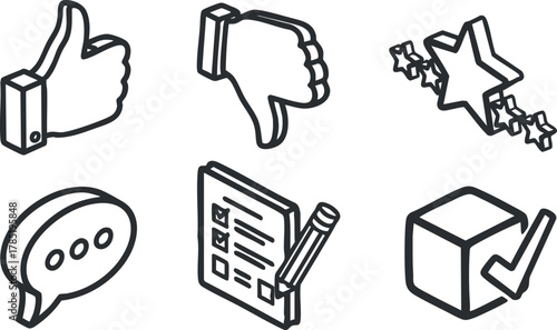 Outline vector icon set featuring thumbs up and down, stars, checklist, speech bubble, and box for feedback and evaluation