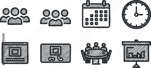 Hand-drawn vector icons set depicting business concepts such as teamwork, scheduling, and presentations for organizational projects