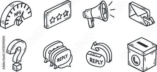 Hand-drawn vector icons representing customer feedback concepts including NPS, reply buttons, and communication tools for marketing.