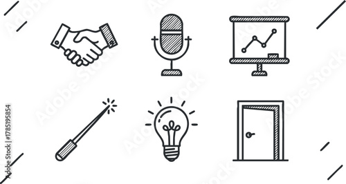 Set of six modern vector icons featuring handshake, microphone, presentation board, light bulb, and door for business and communication themes