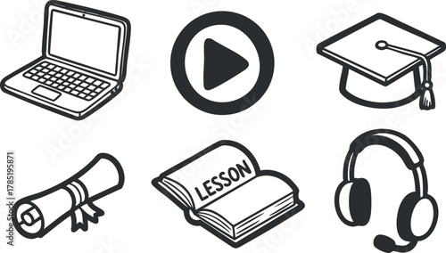 Flat vector icons representing online education tools including laptop, headphones, graduation cap, and lesson book for digital learning