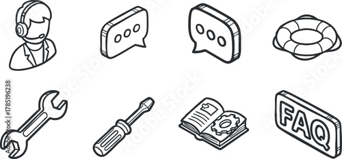 Outline vector icon set depicting customer support tools, including a headset, chat bubbles, wrench, screwdriver, and FAQ symbol for service design.