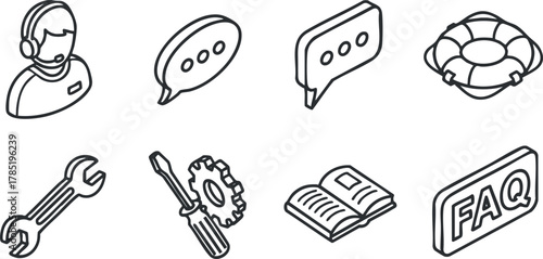 Outline vector icon set representing customer support, communication symbols, and safety concepts for service-related design projects