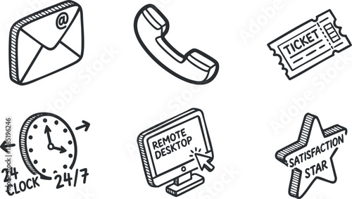 Hand-drawn vector icon set featuring email, phone, ticket, clock, remote desktop, and satisfaction star symbols for communication and service design