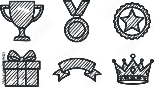 Hand-drawn vector illustration set of trophies, medals, ribbons, and crowns for awards and recognition in celebrations