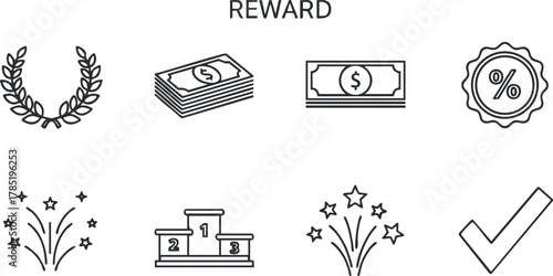 Vector icon set featuring reward symbols like money, stars, and laurel wreaths for financial and achievement concepts