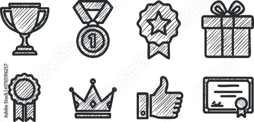 Hand-drawn vector icon collection featuring awards, trophies, medals, and recognition symbols for achievement and celebration