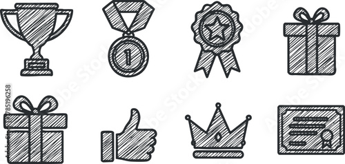 Hand-drawn vector icon set featuring awards, trophies, medals, gifts, and recognition symbols for celebratory design projects