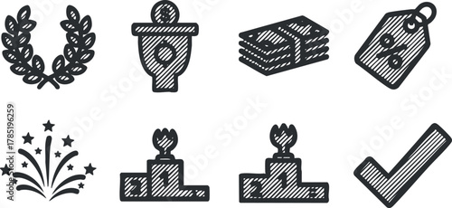 Outline vector icon collection featuring award symbols, cash, trophy, and celebratory elements for branding and design projects