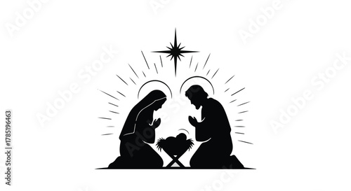 Serene silhouette of the Nativity scene with a glowing star above, evoking peace and hope.