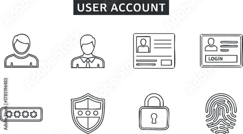Minimalist black and white vector icon set illustrating user account concepts including login, security, and identity features.