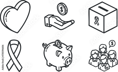 Line art vector illustration set depicting charity and fundraising concepts including heart, piggy bank, ribbon, and donation box