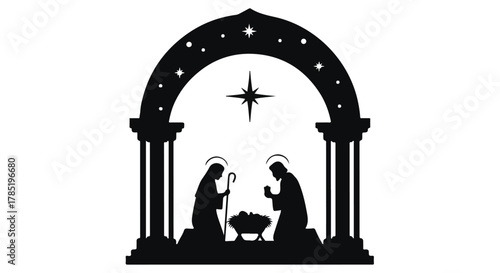 Serene Nativity scene silhouette under starry arch, symbolizing hope and peace