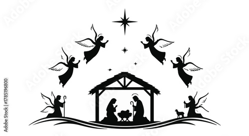 Angels surround a serene nativity scene with a glowing star overhead, symbolizing peace and faith.