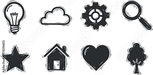 Set of minimalist black and white vector icons featuring light bulb, cloud, gear, star, house, heart, tree, and magnifying glass