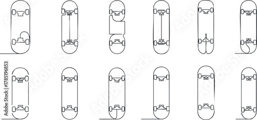 Minimalist outline vector illustration set of various skateboard designs for sports and recreation projects