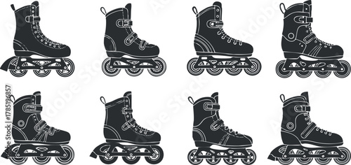 Stylish black and white vector illustration of inline skates, ideal for sports and fitness design projects.