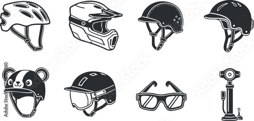 Flat vector illustration collection of various helmets and goggles for sports and safety applications