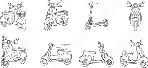 Collection of various scooter and electric vehicle vector illustrations in a minimalist style for urban mobility concepts