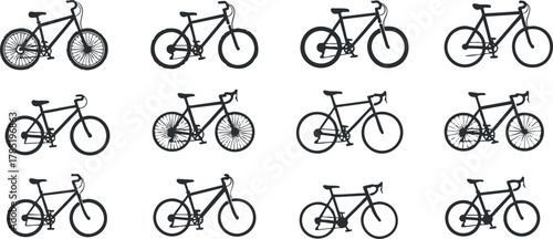 Collection of minimalist black and white vector illustrations of bicycles for cycling, transportation, and outdoor activities