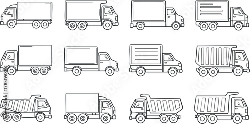 Outline vector illustration set featuring various types of trucks for transportation, logistics, and delivery services