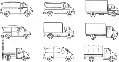 Outline vector illustration set of various delivery vans and trucks for transportation and logistics design projects