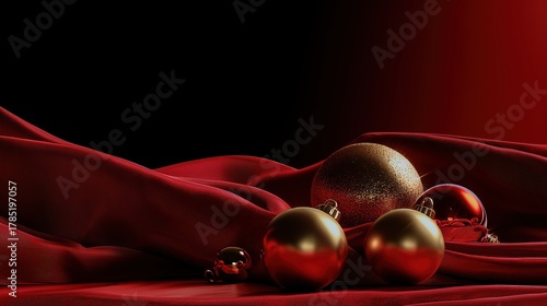 Gold Christmas ornaments on red fabric background