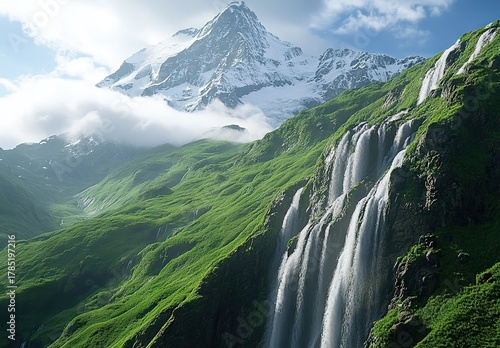 Fototapeta Naklejka Na Ścianę i Meble -  A breathtaking natural landscape featuring a majestic waterfall cascading down a lush green mountain