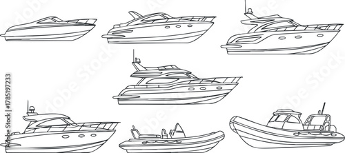 Outline vector illustration of various boats and yachts for nautical design projects and maritime themes