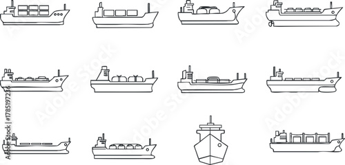 Outline vector icon set featuring various types of ships and cargo vessels for maritime and transportation design projects