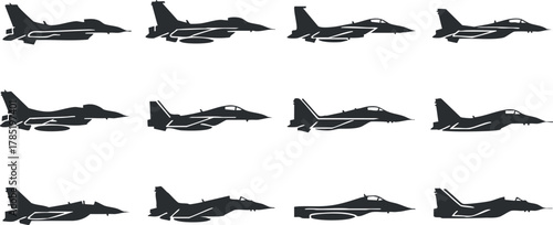 Silhouette vector icon set showcasing various fighter jets in a modern flat design for aviation and military-themed projects