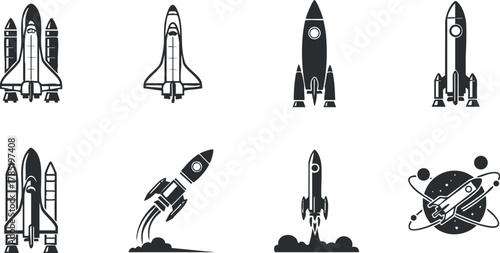 Collection of black and white rocket vector illustrations showcasing various launch designs and space exploration themes for technology projects