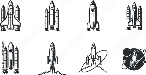 Collection of minimalist vector rockets in various designs, suitable for space exploration themes and technology projects