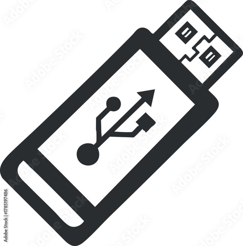 Black and white vector illustration of a USB flash drive, ideal for technology and digital storage concept designs