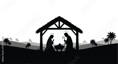 Peaceful Nativity scene silhouette with Mary, Joseph, and baby Jesus in a stable under a starry sky
