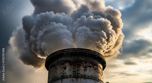 Thick smoke billowing from industrial smokestack against dramatic sky.
A close-up, low-angle shot captures a rustic, riveted metal smokestack heavily emitting a large plume of thick, dense, grey-white