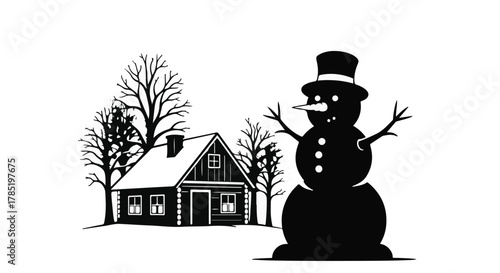Joyful snowman stands guard beside a cozy winter cabin surrounded by bare trees.
