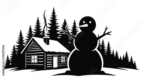 Cozy winter cabin with a cheerful snowman against a backdrop of pine trees