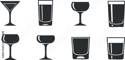 Set of minimalist black and white vector icons featuring various drink glasses for bar and restaurant design