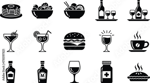 Food and beverage icons illustration, coffee cocktails wine beer salad noodles pancakes design, culinary menu concept, cafe scene, cad drawing flat vector illustration