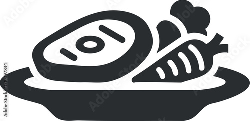 Bold black silhouette vector illustration of a delicious meal featuring meat and vegetables on a plate for culinary design projects