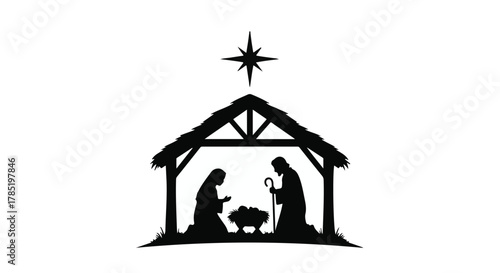 Silhouette of the Holy Family in a stable under the Star of Bethlehem, a classic Christmas nativity scene.